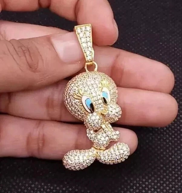 1.90Ct Round Cut Real Moissanite Cartoon Charm Pendant 14K Yellow Gold Plated For Man Gift